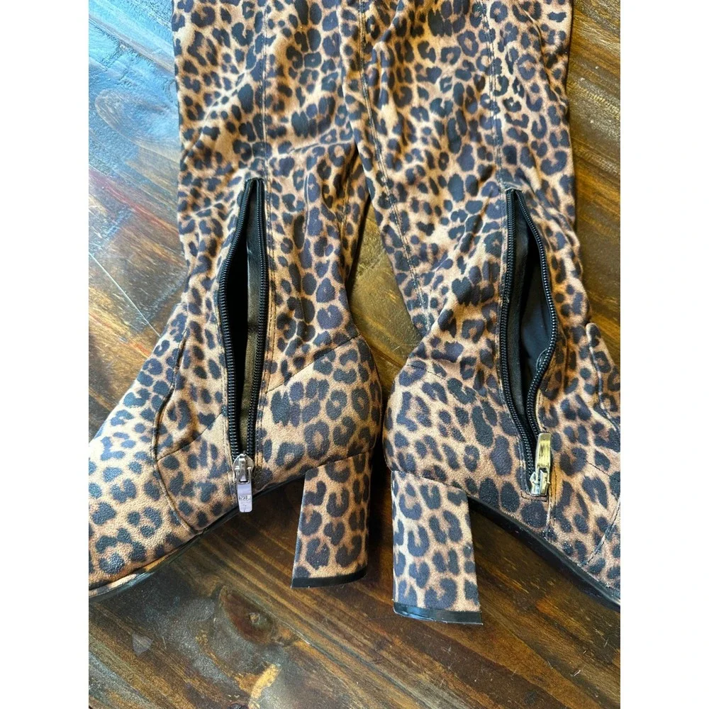 Marc Fisher‎ Leopard Print Over The Knee Block Heel Boots Brown Tan Woman's 8M